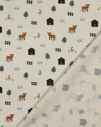 Popeline de Coton Ecru Motif Ferme - Mercerine