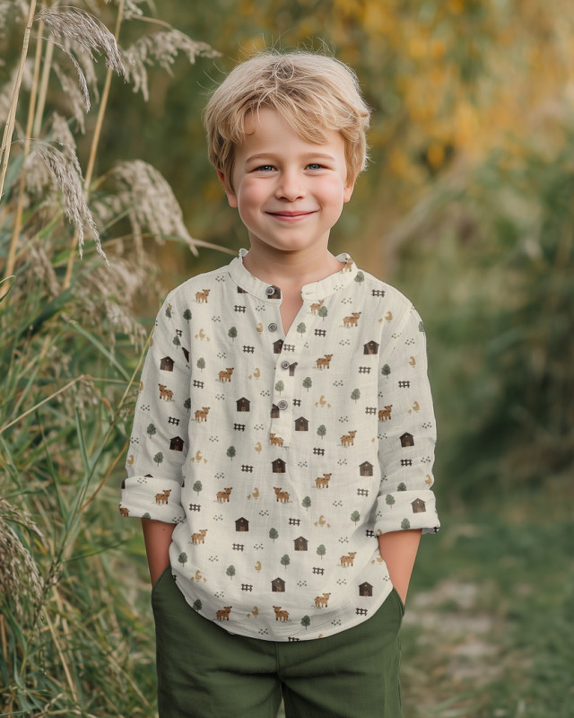 Popeline de Coton Ecru Motif Ferme - Mercerine
