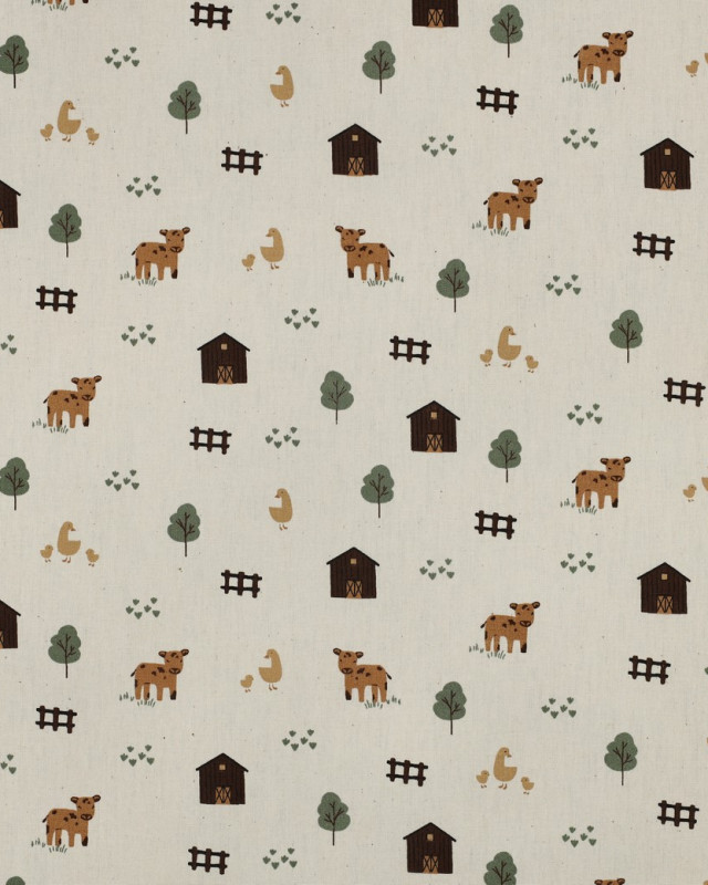 Popeline de Coton Ecru Motif Ferme - Mercerine