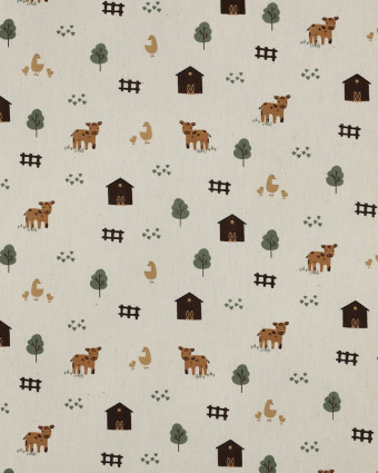 Popeline de Coton Ecru Motif Ferme - Mercerine