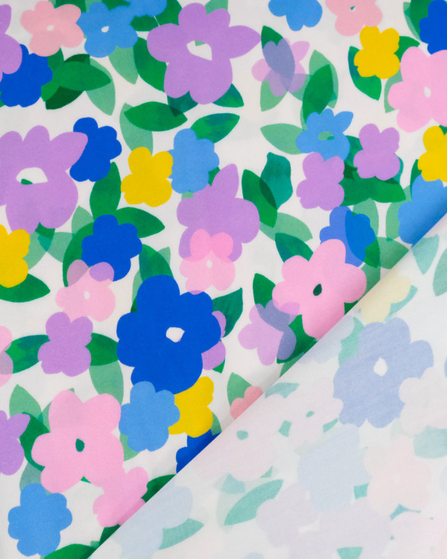 Viscose Imprimé Fleurs Roses Mauves et Bleues - Mercerine