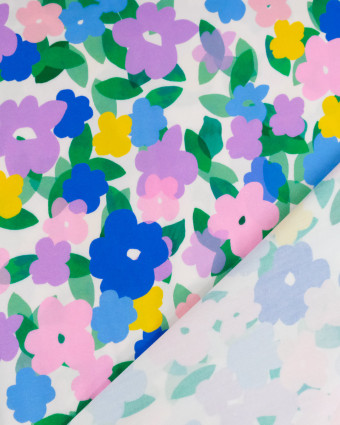 Viscose Imprimé Fleurs Roses Mauves et Bleues - Mercerine