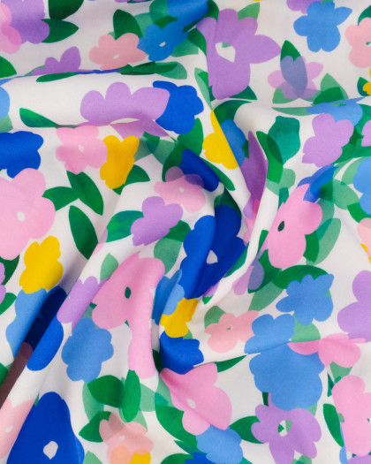 Viscose Imprimé Fleurs Roses Mauves et Bleues - Mercerine