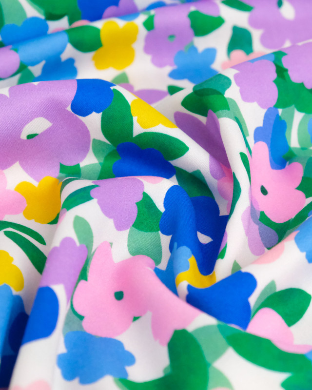 Viscose Imprimé Fleurs Roses Mauves et Bleues - Mercerine