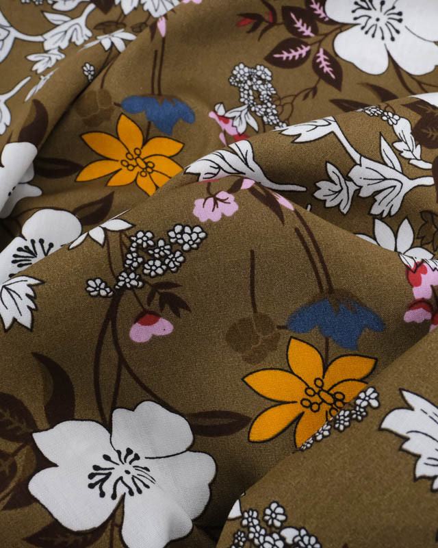 Viscose Kaki Motif Fleuri Tropical - Mercerine