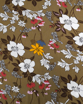 Viscose Kaki Motif Fleuri Tropical - Mercerine