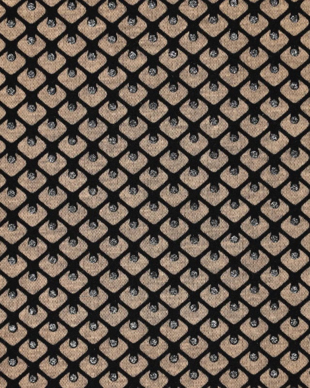Jersey De Viscose Taupe Motif Géométrique Pailleté Argent - Mercerine