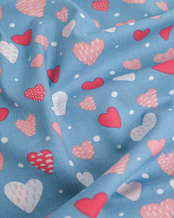 Popeline de Coton Coeur Bleu Rose - 110 cm - Mercerine