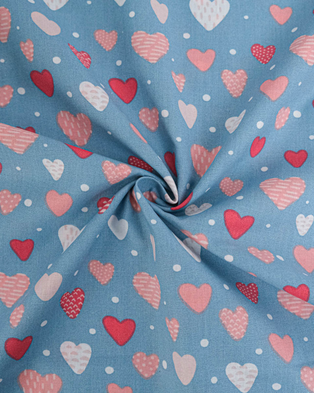 Popeline de Coton Coeur Bleu Rose - 110 cm - Mercerine
