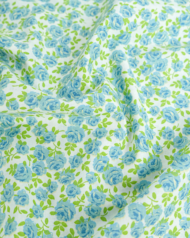 Popeline de Coton Petites Roses Bleu - 110 cm - Mercerine