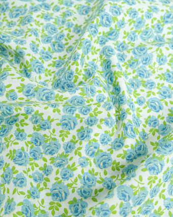 Popeline de Coton Petites Roses Bleu - 110 cm - Mercerine