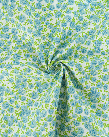 Popeline de Coton Petites Roses Bleu - 110 cm - Mercerine