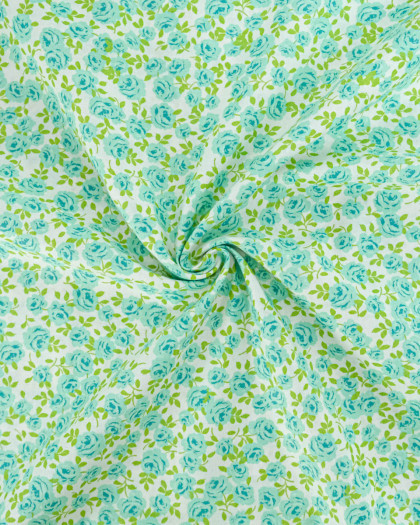 Popeline de Coton Petites Roses Bleu Ciel - 110 cm - Mercerine