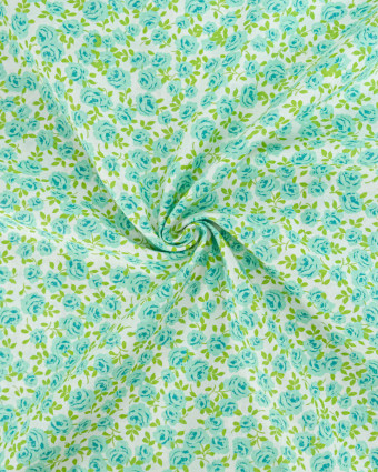 Popeline de Coton Petites Roses Bleu Ciel - 110 cm - Mercerine