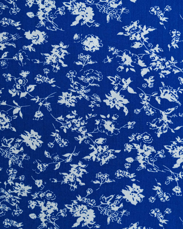 Viscose Bleu Motif Feuillage Blanc - Mercerine