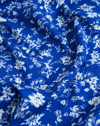 Viscose Bleu Motif Feuillage Blanc - Mercerine