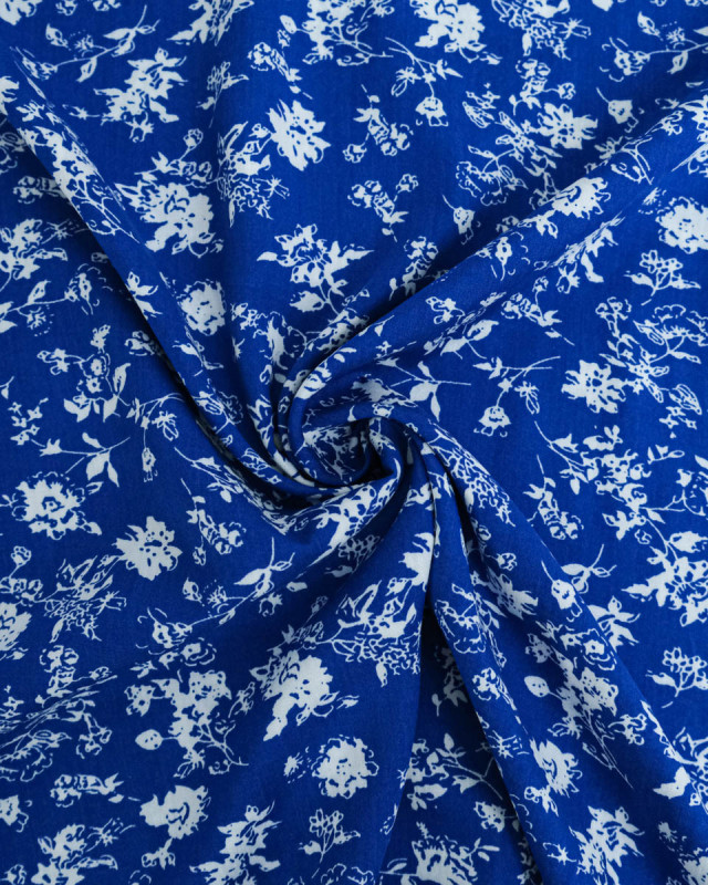 Viscose Bleu Motif Feuillage Blanc - Mercerine