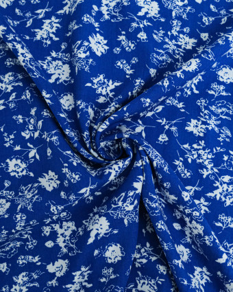 Viscose Bleu Motif Feuillage Blanc - Mercerine