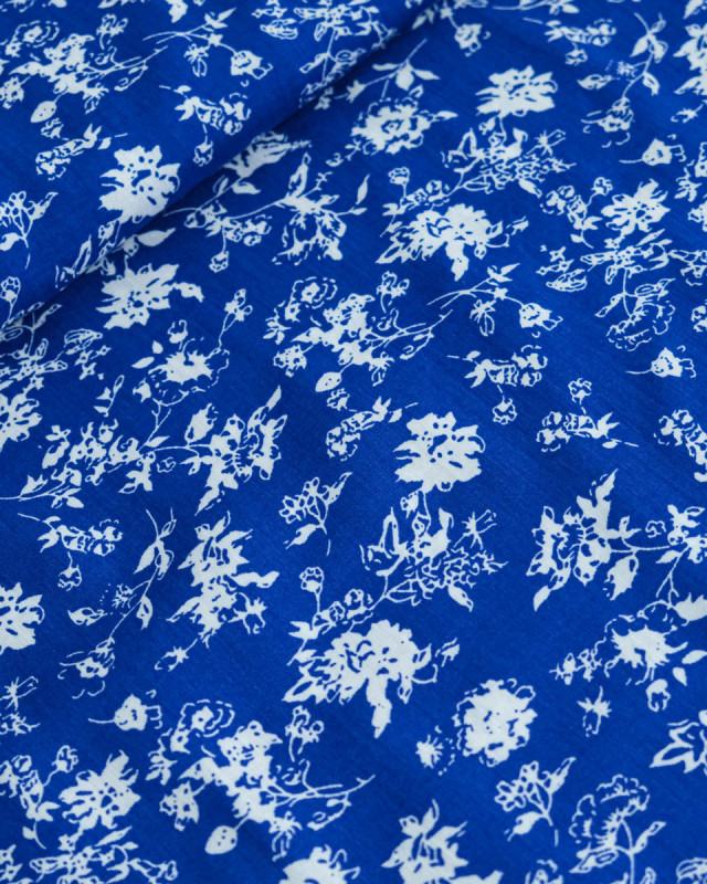 Viscose Bleu Motif Feuillage Blanc - Mercerine