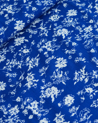 Viscose Bleu Motif Feuillage Blanc - Mercerine