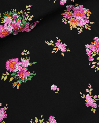 Viscose Noire Motif Fleuri Rose - Mercerine