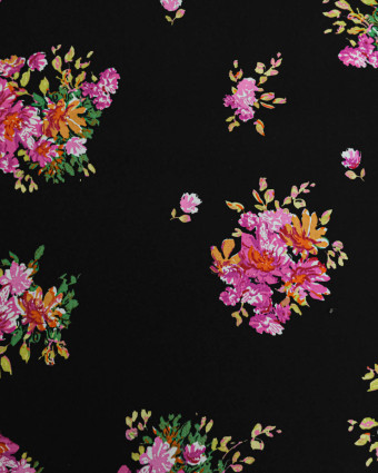 Viscose Noire Motif Fleuri Rose - Mercerine