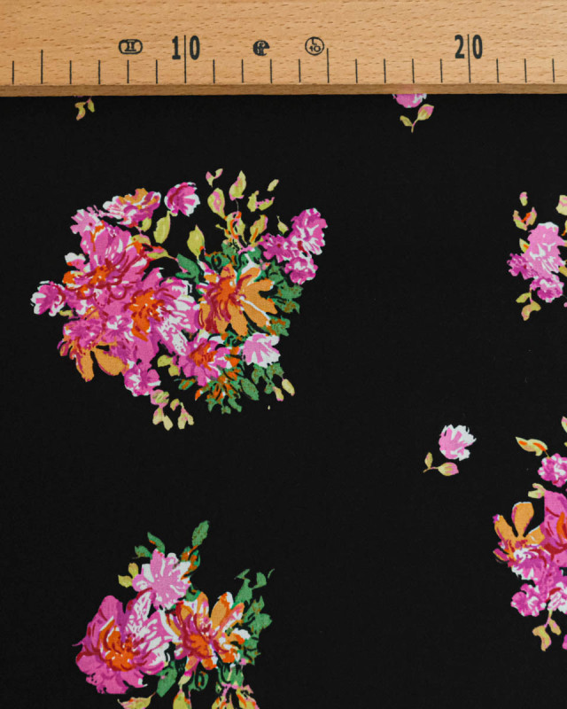 Viscose Noire Motif Fleuri Rose - Mercerine