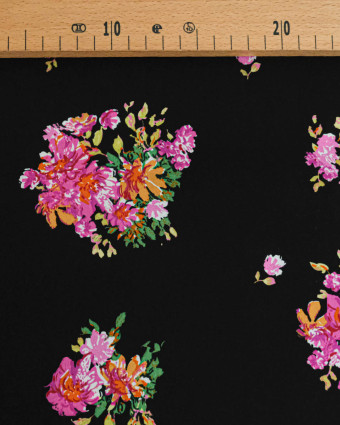 Viscose Noire Motif Fleuri Rose - Mercerine