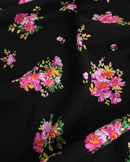 Viscose Noire Motif Fleuri Rose - Mercerine