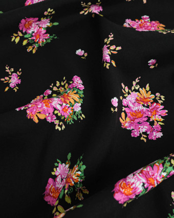 Viscose Noire Motif Fleuri Rose - Mercerine