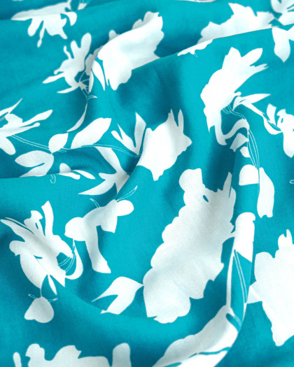 Tissu Viscose Bleu Vert Fleurs Blanches - Mercerine