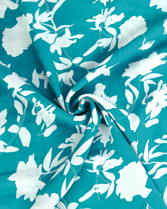 Tissu Viscose Bleu Vert Fleurs Blanches - Mercerine