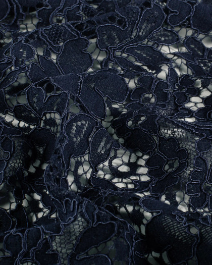 Tissu Dentelle Coton Mélangé Motif Fleuri Bleu Marine - Mercerine