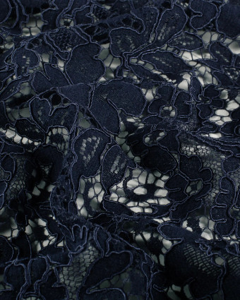 Tissu Dentelle Coton Mélangé Motif Fleuri Bleu Marine - Mercerine