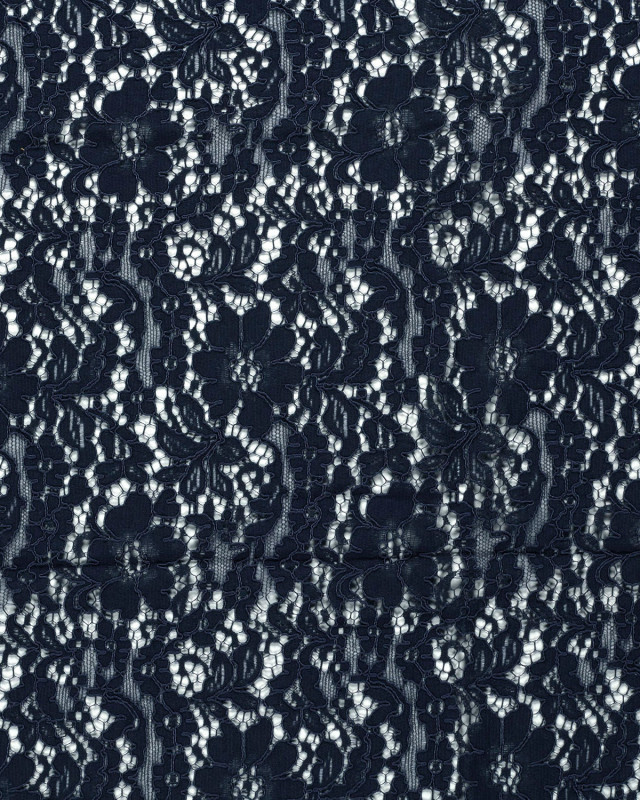 Tissu Dentelle Coton Mélangé Motif Fleuri Bleu Marine - Mercerine