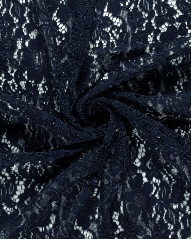 Tissu Dentelle Coton Mélangé Motif Fleuri Bleu Marine - Mercerine