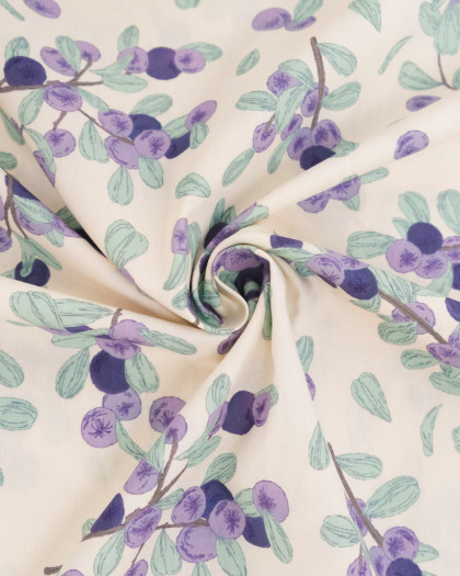 Popeline de Coton Imprimé Fleurs Mauves Sur Fond Beige - Mercerine