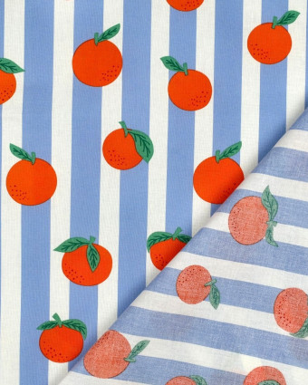 Tissu Coton Déperlant Agrumes Rayures Bleues - Mercerine