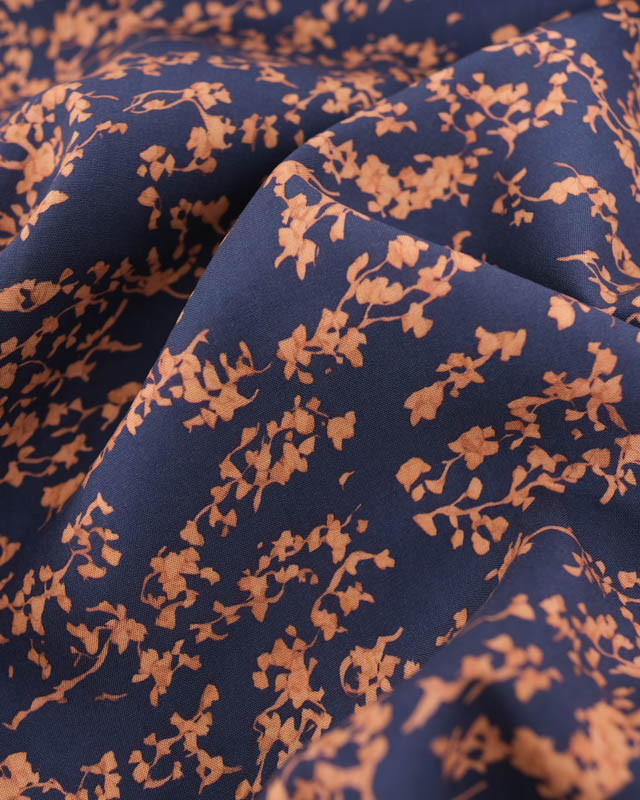 Viscose Bleu Marine Petit Feuillage Praline - Mercerine