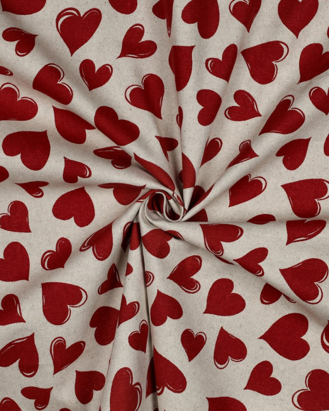 Toile Enduite Effet Lin Cœurs Rouges - Mercerine