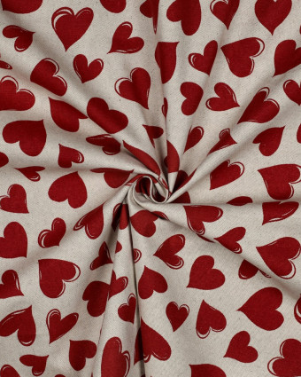 Toile Enduite Effet Lin Cœurs Rouges - Mercerine