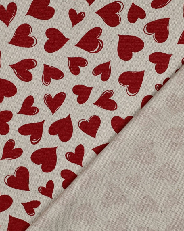 Toile Enduite Effet Lin Cœurs Rouges - Mercerine