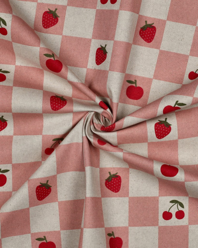 Toile Enduite Effet Lin Motif Carreaux et Fruits Rose - Mercerine