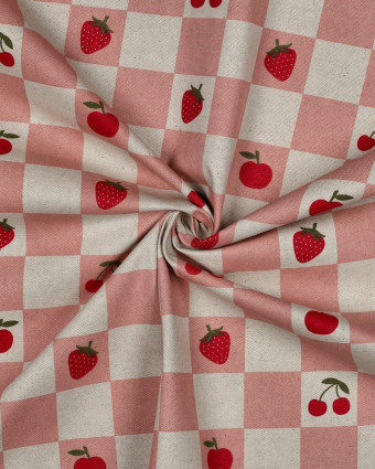 Toile Enduite Effet Lin Motif Carreaux et Fruits Rose - Mercerine