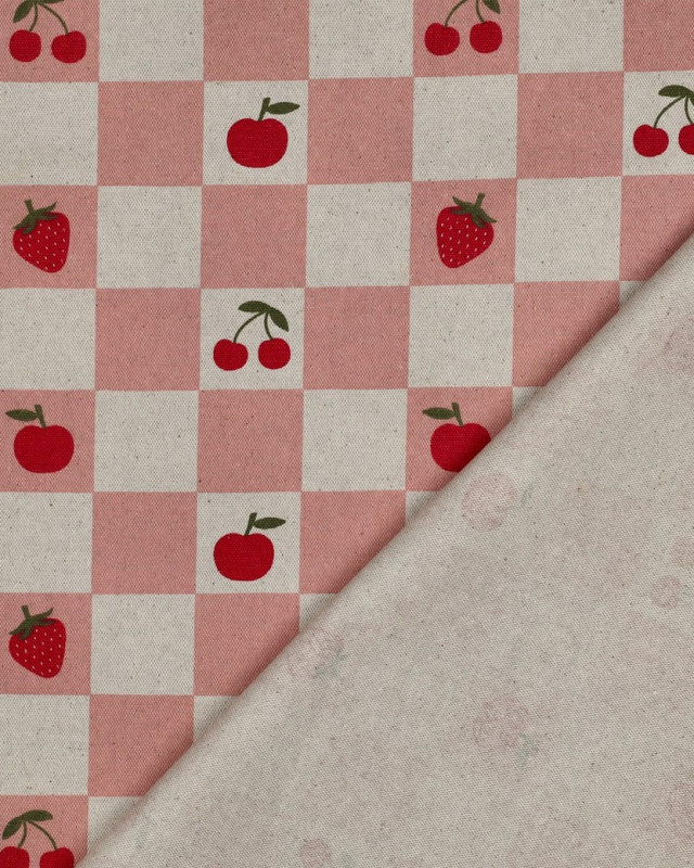 Toile Enduite Effet Lin Motif Carreaux et Fruits Rose - Mercerine