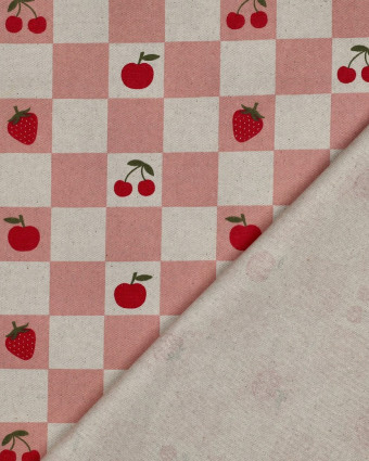 Toile Enduite Effet Lin Motif Carreaux et Fruits Rose - Mercerine