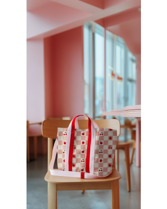 Toile Enduite Effet Lin Motif Carreaux et Fruits Rose - Mercerine