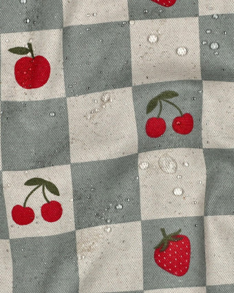 Toile Enduite Effet Lin Motif Carreaux et Fruits Bleu Vert - Mercerine