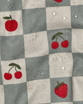 Toile Enduite Effet Lin Motif Carreaux et Fruits Bleu Vert