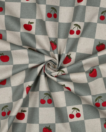 Toile Enduite Effet Lin Motif Carreaux et Fruits Bleu Vert - Mercerine